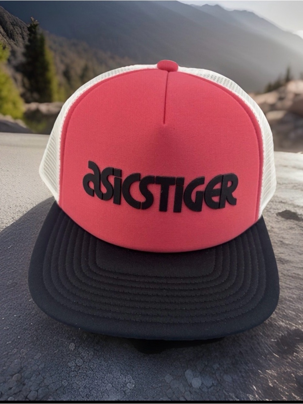 ASICS Tiger Trucker Snapback Hat NWT Pink / Coral Black White Mesh Cap